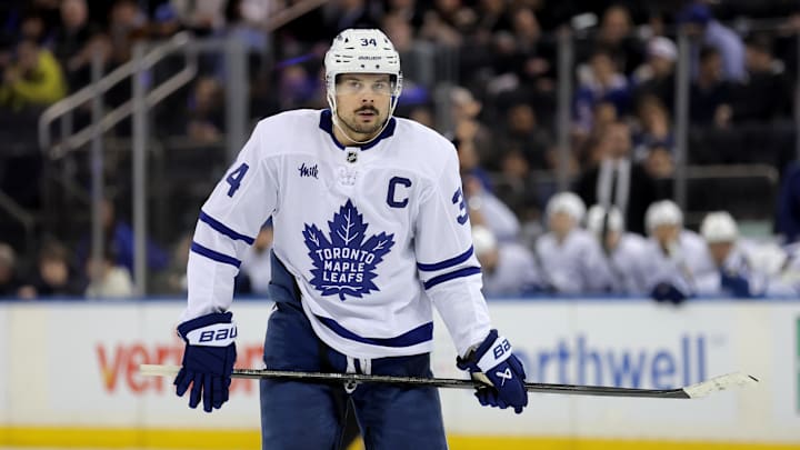 Mar 5, 2026; New York, New York, USA; Toronto Maple Leafs center Auston Matthews (34) skates against the New York Rangers during the third period at Madison Square Garden. Mandatory Credit: Brad Penner-Imagn Images