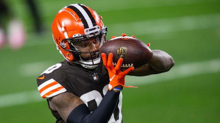 Dec 14, 2020; Cleveland, Ohio, USA; Cleveland Browns wide receiver Jarvis Landry (80) makes a catch during warmups before the game against the Baltimore Ravens at FirstEnergy Stadium. Mandatory Credit: Scott Galvin-Imagn Images
