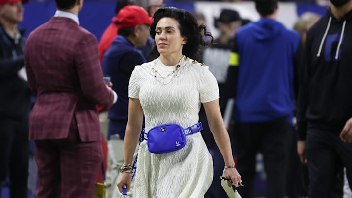 Dec 22, 2025; Indianapolis, Indiana, USA; Indianapolis Colts owner Carlie Irsay-Gordon walks off the field at halftime of the game against the San Francisco 49ers at Lucas Oil Stadium. Mandatory Credit: Trevor Ruszkowski-Imagn Images