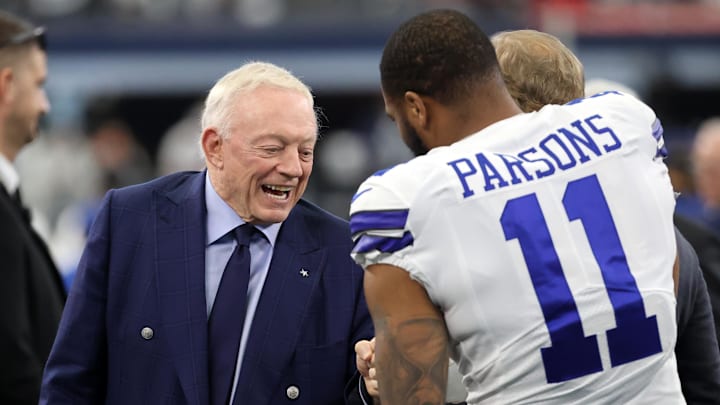 Dallas Cowboys owner Jerry Jones meets with outside linebacker Micah Parsons. Dallas Cowboys owner Jerry Jones meets with outside linebacker Micah Parsons.