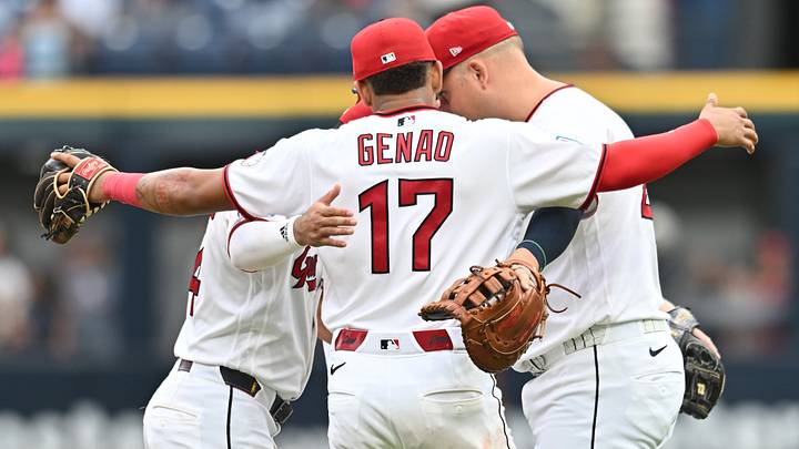Aug 30, 2026: Cleveland Guardians third baseman Angel Genao (17) and the Guardians infield celebrate after the Guardians beat the Kansas City Royals at Progressive Field. Credit: Ken Blaze-Imagn Images