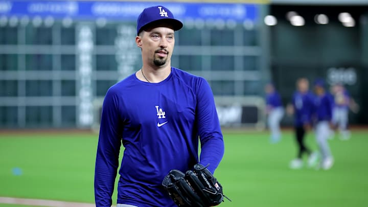 May 6, 2026; Houston, Texas, USA; Los Angeles Dodgers pitcher Blake Snell prior to the game against the Houston Astros at Daikin Park. Mandatory Credit: Erik Williams-Imagn Images
