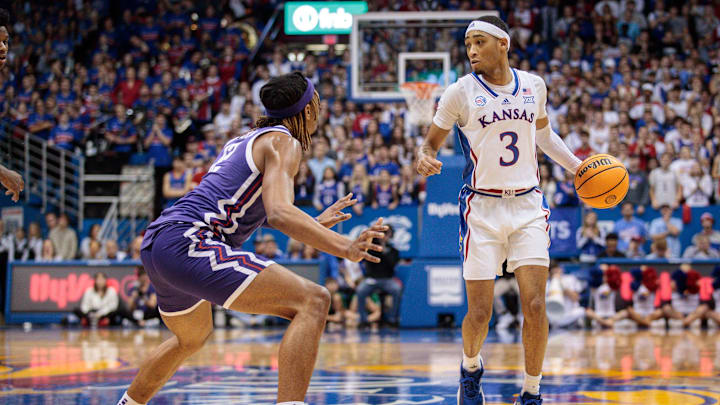 Jan 21, 2023; Lawrence, Kansas, USA; Kansas Jayhawks guard Dajuan Harris Jr. (3) brings the ball up against the TCU Horned Frogs in Allen Fieldhouse