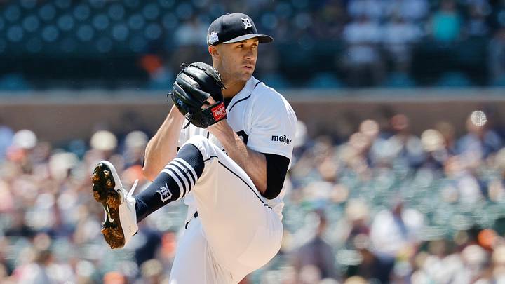 Jun 7, 2026; Detroit, Michigan, USA;  Detroit Tigers pitcher Jack Flaherty (9) pitches in the first inning against the Seattle Mariners at Comerica Park. Mandatory Credit: Rick Osentoski-Imagn Images