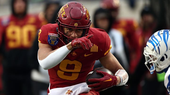 Dec 29, 2023; Memphis, TN, USA; Iowa State Cyclones wide receiver Jayden Higgins (9) reacts after a first-down catch during the first half against the Memphis Tigers at Simmons Bank Liberty Stadium. Dec 29, 2023; Memphis, TN, USA; Iowa State Cyclones wide receiver Jayden Higgins (9) reacts after a first-down catch during the first half against the Memphis Tigers at Simmons Bank Liberty Stadium.