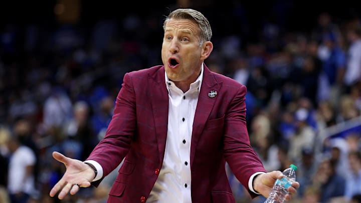 Mar 29, 2025; Newark, NJ, USA; Alabama Crimson Tide head coach Nate Oats reacts to a call during the first half against the Duke Blue Devils in the East Regional final of the 2025 NCAA tournament at Prudential Center. Mandatory Credit: Vincent Carchietta-Imagn Images
