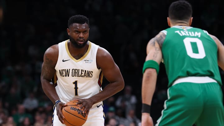 Jan 12, 2025; Boston, Massachusetts, USA; New Orleans Pelicans forward Zion Williamson (1) looks to pass during the second half against the Boston Celtics at TD Garden. Mandatory Credit: Paul Rutherford-Imagn Images Jan 12, 2025; Boston, Massachusetts, USA; New Orleans Pelicans forward Zion Williamson (1) looks to pass during the second half against the Boston Celtics at TD Garden. Mandatory Credit: Paul Rutherford-Imagn Images