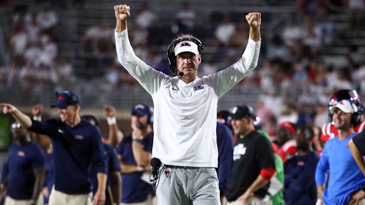 Aug 30, 2025; Oxford, Mississippi, USA; Mississippi Rebels head coach Lane Kiffin reacts during the fourth quarter against the Georgia State Panthers at Vaught-Hemingway Stadium. Mandatory Credit: Petre Thomas-Imagn Images