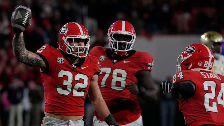 Georgia linebacker Chaz Chambliss (32) celebrates after recovering a fumble during the second half of a NCAA college football game against Georgia Tech in Athens, Ga., on Friday, Nov. 29, 2024. Georgia linebacker Chaz Chambliss (32) celebrates after recovering a fumble during the second half of a NCAA college football game against Georgia Tech in Athens, Ga., on Friday, Nov. 29, 2024.