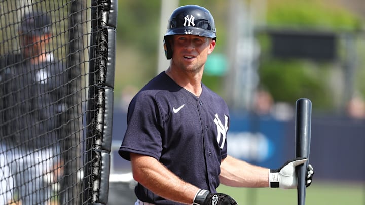 Tampa, Florida, USA; New York Yankees left fielder Brett Gardner (11) works out at batting practice during spring training at George M. Steinbrenner Field.