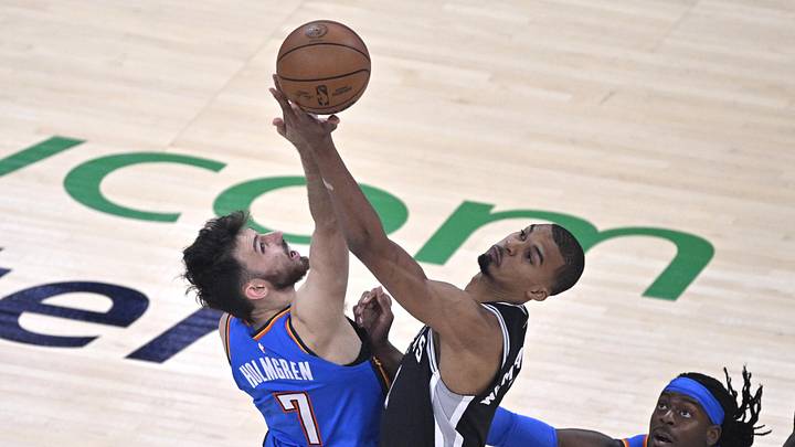 May 30, 2026; Oklahoma City, Oklahoma, USA; Oklahoma City Thunder center Chet Holmgren (7) and San Antonio Spurs forward Victor Wembanyama (1) jump for the opening tip-off during game seven of the western conference finals for the 2026 NBA playoffs at Paycom Center. Mandatory Credit: Jerome Miron-Imagn Images May 30, 2026; Oklahoma City, Oklahoma, USA; Oklahoma City Thunder center Chet Holmgren (7) and San Antonio Spurs forward Victor Wembanyama (1) jump for the opening tip-off during game seven of the western conference finals for the 2026 NBA playoffs at Paycom Center. Mandatory Credit: Jerome Miron-Imagn Images