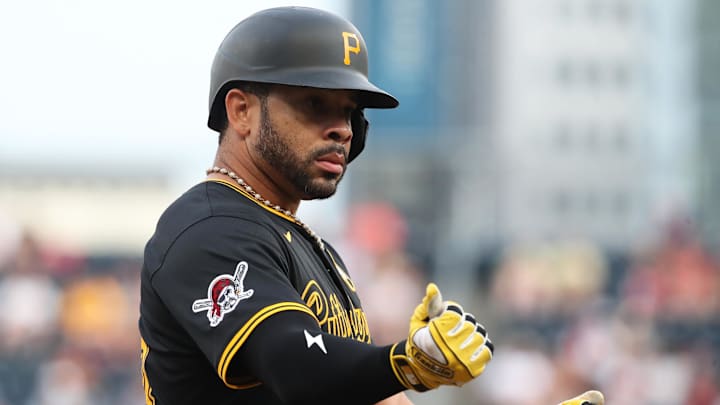 Jul 25, 2025; Pittsburgh, Pennsylvania, USA;  Pittsburgh Pirates left fielder Tommy Pham (28) reacts after a triple against the Arizona Diamondbacks during the second inning at PNC Park. Mandatory Credit: Charles LeClaire-Imagn Images