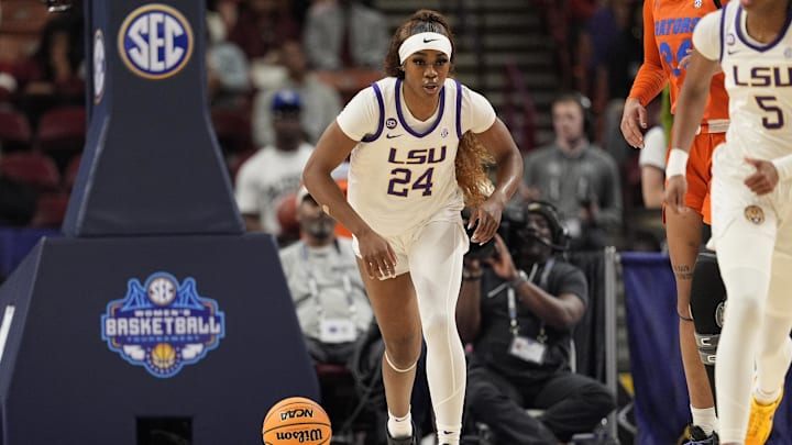 Mar 7, 2025; Greenville, SC, USA; LSU Lady Tigers guard Aneesah Morrow (24) brings the ball up court against the Florida Gators during the first half at Bon Secours Wellness Arena. Mandatory Credit: Jim Dedmon-Imagn Images Mar 7, 2025; Greenville, SC, USA; LSU Lady Tigers guard Aneesah Morrow (24) brings the ball up court against the Florida Gators during the first half at Bon Secours Wellness Arena. Mandatory Credit: Jim Dedmon-Imagn Images