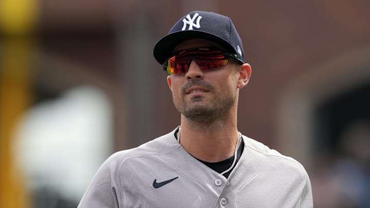 Mar 27, 2026; San Francisco, California, USA; New York Yankees left fielder Randal Grichuk (34) before the game against the San Francisco Giants at Oracle Park. Mandatory Credit: Darren Yamashita-Imagn Images