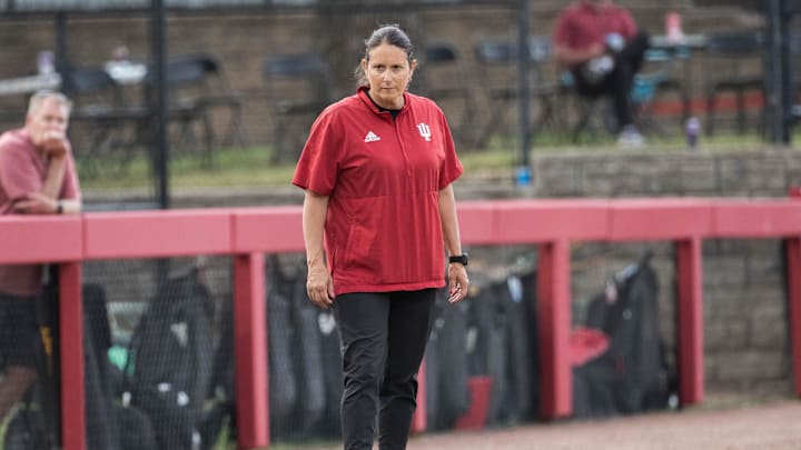 May 17, 2025; Fayetteville, AR, USA; Indiana Hoosiers head coach Shonda Stanton looks on during the third inning against the Oklahoma State Cowgirls. Oklahoma State won 16-8. Mandatory Credit: Brett Rojo-Imagn Images May 17, 2025; Fayetteville, AR, USA; Indiana Hoosiers head coach Shonda Stanton looks on during the third inning against the Oklahoma State Cowgirls. Oklahoma State won 16-8. Mandatory Credit: Brett Rojo-Imagn Images