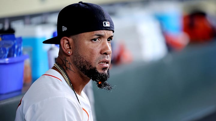 Mar 30, 2024; Houston, Texas, USA; Houston Astros first baseman Jose Abreu (79) in the dugout prior