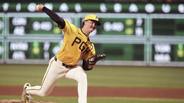 Aug 22, 2025; Pittsburgh, Pennsylvania, USA;  Pittsburgh Pirates relief pitcher Bubba Chandler (57) pitches during the sixth inning in his major league debut against the Colorado Rockies at PNC Park. Mandatory Credit: Charles LeClaire-Imagn Images