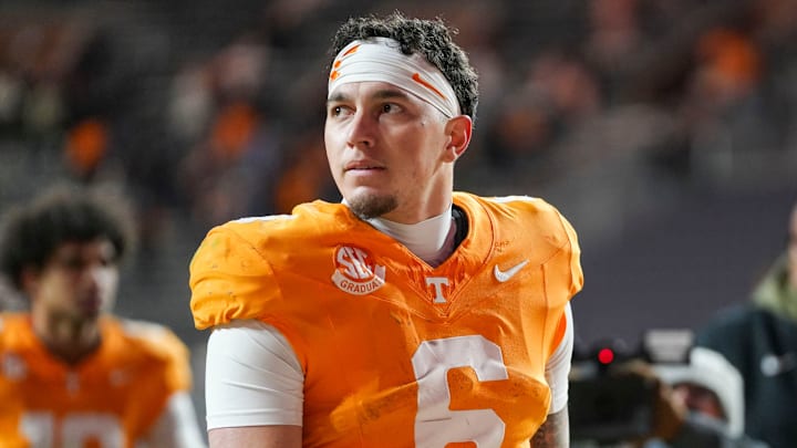 Tennessee quarterback Joey Aguilar (6) looks around the stadium after losing a NCAA football game between Tennessee and Vanderbilt at Neyland Stadium in Knoxville, Tenn., on Nov. 29, 2025.