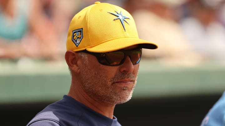 Mar 12, 2024; Sarasota, Florida, USA; Tampa Bay Rays manager Kevin Cash (16) looks on before the game against the Baltimore Orioles at Ed Smith Stadium. Mar 12, 2024; Sarasota, Florida, USA; Tampa Bay Rays manager Kevin Cash (16) looks on before the game against the Baltimore Orioles at Ed Smith Stadium.