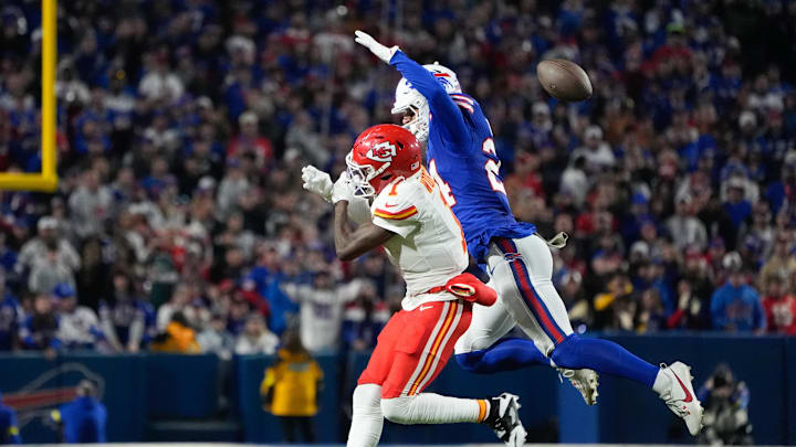 Nov 2, 2025; Orchard Park, New York, USA; Buffalo Bills safety Cole Bishop (24) breaks a pass intended for Kansas City Chiefs wide receiver Xavier Worthy (1) in the second quarter at Highmark Stadium. 