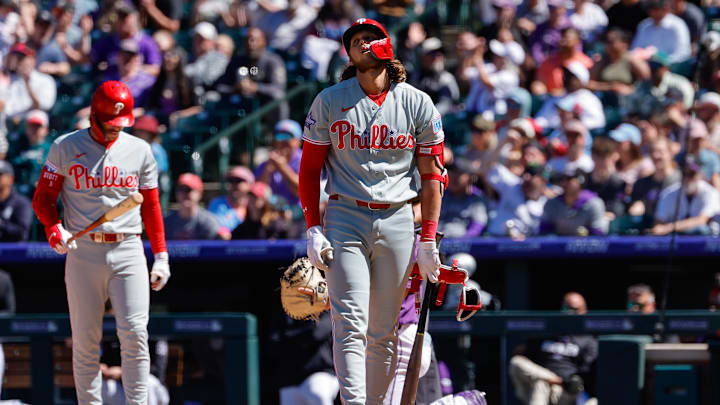 Apr 5, 2026; Denver, Colorado, USA; Philadelphia Phillies third baseman Alec Bohm (28) reacts to an ABS call in the fourth inning against the Colorado Rockies at Coors Field. Apr 5, 2026; Denver, Colorado, USA; Philadelphia Phillies third baseman Alec Bohm (28) reacts to an ABS call in the fourth inning against the Colorado Rockies at Coors Field.