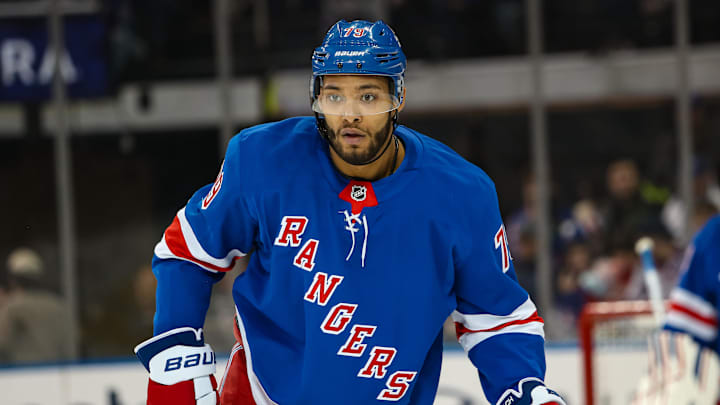 Mar 22, 2025; New York, New York, USA; New York Rangers defenseman K'Andre Miller (79) skates against the Vancouver Canucks during the second period at Madison Square Garden. Mandatory Credit: Danny Wild-Imagn Images Mar 22, 2025; New York, New York, USA; New York Rangers defenseman K'Andre Miller (79) skates against the Vancouver Canucks during the second period at Madison Square Garden. Mandatory Credit: Danny Wild-Imagn Images