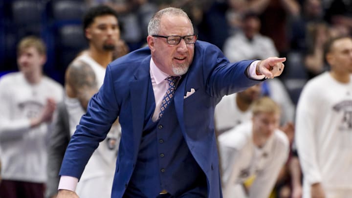 Mar 13, 2025; Nashville, TN, USA; Texas A&M Aggies head coach Buzz Williams yells instructions to his team against the Texas Longhorns during the second half at Bridgestone Arena. Mandatory Credit: Steve Roberts-Imagn Images Mar 13, 2025; Nashville, TN, USA; Texas A&M Aggies head coach Buzz Williams yells instructions to his team against the Texas Longhorns during the second half at Bridgestone Arena. Mandatory Credit: Steve Roberts-Imagn Images
