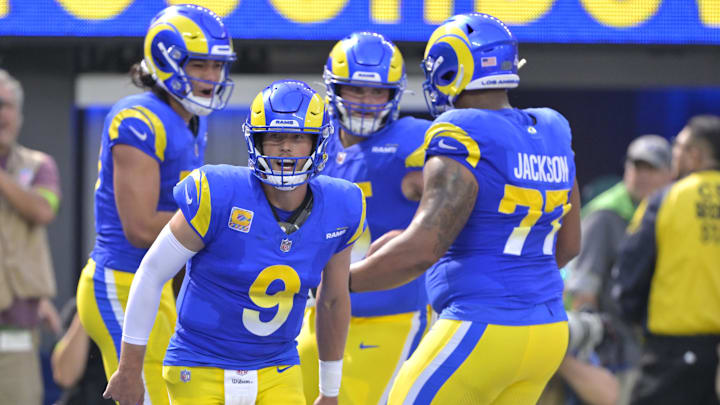 Oct 8, 2023; Inglewood, California, USA; Los Angeles Rams quarterback Matthew Stafford (9) celebrates after a touchdown by wide receiver Puka Nacua (17) in the first half against the Philadelphia Eagles at SoFi Stadium. Mandatory Credit: Jayne Kamin-Oncea-USA TODAY Sports Oct 8, 2023; Inglewood, California, USA; Los Angeles Rams quarterback Matthew Stafford (9) celebrates after a touchdown by wide receiver Puka Nacua (17) in the first half against the Philadelphia Eagles at SoFi Stadium. Mandatory Credit: Jayne Kamin-Oncea-USA TODAY Sports