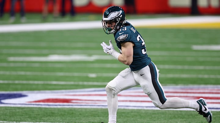 Philadelphia Eagles defensive back Cooper DeJean intercepted Kansas City Chiefs quarterback Patrick Mahomes and ran it back for a first half touchdown.