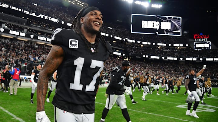 Nov 12, 2023; Paradise, Nevada, USA; Las Vegas Raiders wide receiver Davante Adams (17) celebrates the victory against the New York Jets at Allegiant Stadium. Mandatory Credit: Gary A. Vasquez-Imagn Images Nov 12, 2023; Paradise, Nevada, USA; Las Vegas Raiders wide receiver Davante Adams (17) celebrates the victory against the New York Jets at Allegiant Stadium. Mandatory Credit: Gary A. Vasquez-Imagn Images