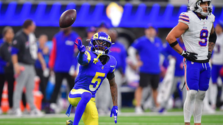 Dec 8, 2024; Inglewood, California, USA; Los Angeles Rams wide receiver Tutu Atwell (5) reacts after catching a pass for first down against the Buffalo Bills during the second half at SoFi Stadium. Mandatory Credit: Gary A. Vasquez-Imagn Images Dec 8, 2024; Inglewood, California, USA; Los Angeles Rams wide receiver Tutu Atwell (5) reacts after catching a pass for first down against the Buffalo Bills during the second half at SoFi Stadium. Mandatory Credit: Gary A. Vasquez-Imagn Images