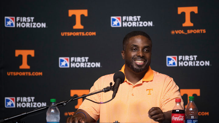 Tennessee Football Defensive Coordinator Tim Banks answering questions during at Media Day in Knoxville, Tenn. on Tuesday, August 3, 2021.

Kns Tennessee Football Media Day