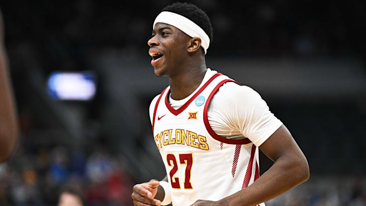 Mar 22, 2026; St. Louis, MO, USA; Iowa State Cyclones guard Killyan Toure (27) reacts during the second half against the Kentucky Wildcats during a second round game of the men's 2026 NCAA Tournament at Enterprise Center.