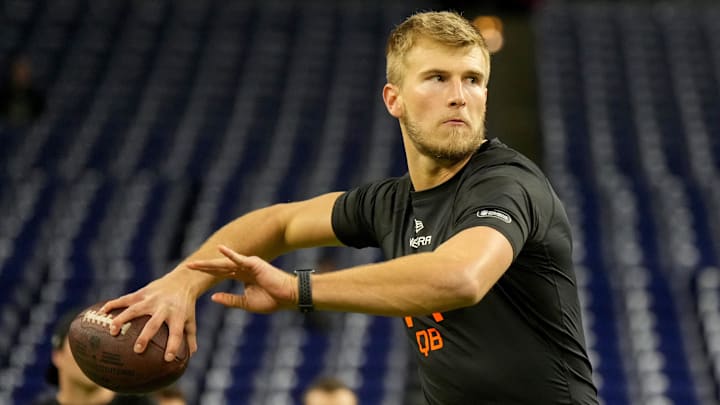 Mar 1, 2025; Indianapolis, IN, USA; Louisville quarterback Tyler Shough (QB14) during the 2025 NFL Combine at Lucas Oil Stadium. Mandatory Credit: Kirby Lee-Imagn Images