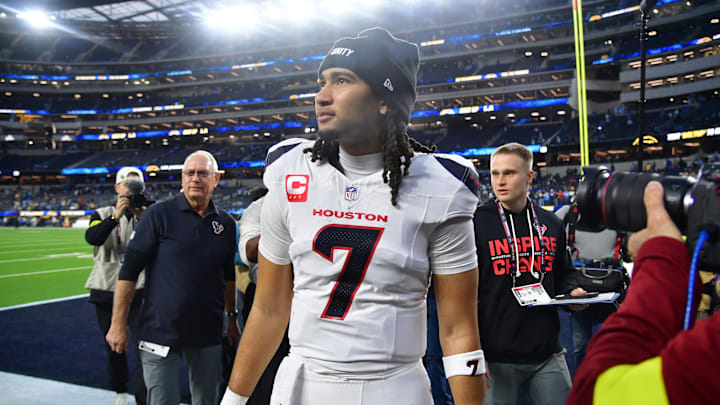 Dec 27, 2025; Inglewood, California, USA; Houston Texans quarterback C.J. Stroud (7) leaves the field following a game against the Los Angeles Chargers at SoFi Stadium. Mandatory Credit: Gary A. Vasquez-Imagn Images Dec 27, 2025; Inglewood, California, USA; Houston Texans quarterback C.J. Stroud (7) leaves the field following a game against the Los Angeles Chargers at SoFi Stadium. Mandatory Credit: Gary A. Vasquez-Imagn Images