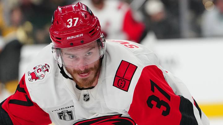 Jun 14, 2026; Las Vegas, Nevada, USA; Carolina Hurricanes right wing Andrei Svechnikov (37) skates during the third period against the Vegas Golden Knights in game six of the 2026 Stanley Cup Final at T-Mobile Arena. Mandatory Credit: Stephen R. Sylvanie-Imagn Images