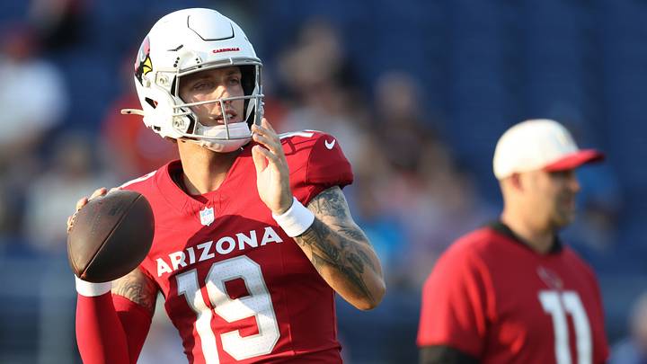 Aug 6, 2026; Canton, Ohio, USA;  Arizona Cardinals quarterback Carson Beck (19) warms up before playing the the Carolina Panthers at Tom Benson Hall of Fame Stadium. Mandatory Credit: Charles LeClaire-Imagn Images
