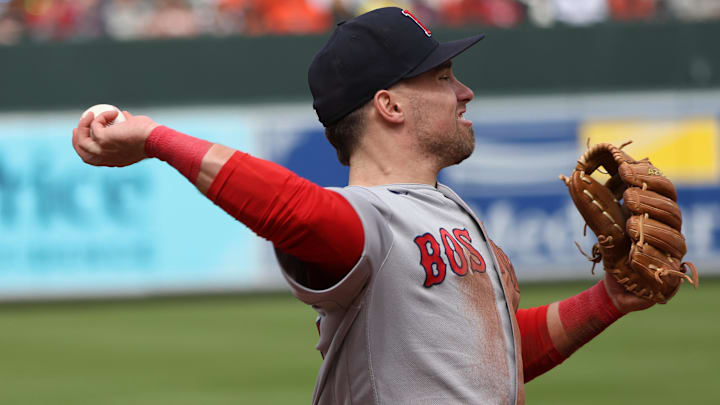 Apr 26, 2026; Baltimore, Maryland, USA; Boston Red Sox third baseman Caleb Durbin (5) throws to first for an out during the sixth inning against the Baltimore Orioles at Oriole Park at Camden Yards. Mandatory Credit: Daniel Kucin Jr.-Imagn Images