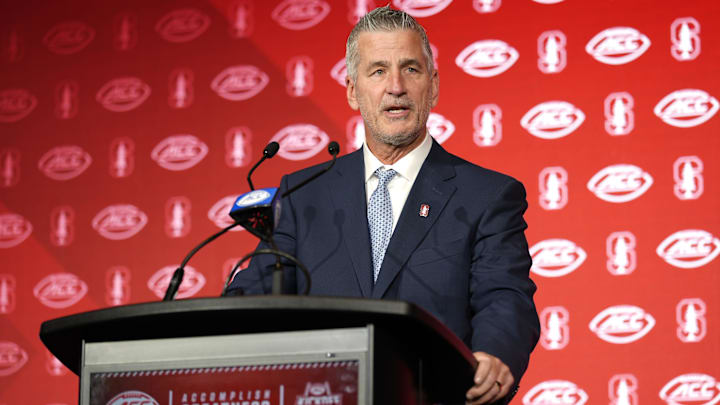 Jul 22, 2025; Charlotte, NC, USA; Stanford head coach Frank Reich answers questions from the media during ACC Media Days at Hilton Charlotte Uptown. Mandatory Credit: Jim Dedmon-Imagn Images