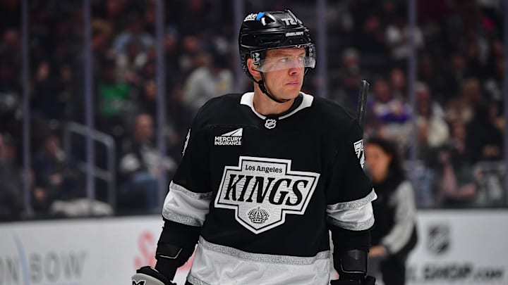 Feb 25, 2026; Los Angeles, California, USA; Los Angeles Kings left wing Artemi Panarin (72) during a stoppage in play in the first period at Crypto.com Arena. Mandatory Credit: Gary A. Vasquez-Imagn Images