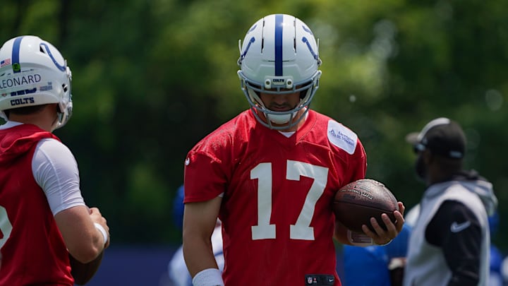 Indianapolis Colts quarterback Daniel Jones (17) walks up the field Tuesday, June 10, 2025, during NFL Colts mandatory mini camp at the Indiana Farm Bureau Football Center in Indianapolis.