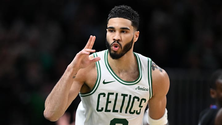 Mar 8, 2025; Boston, Massachusetts, USA: Boston Celtics forward Jayson Tatum (0) reacts after making a three-point basket against the Los Angeles Lakers during the second quarter at the TD Garden. Mandatory Credit: Brian Fluharty-Imagn Images Mar 8, 2025; Boston, Massachusetts, USA: Boston Celtics forward Jayson Tatum (0) reacts after making a three-point basket against the Los Angeles Lakers during the second quarter at the TD Garden. Mandatory Credit: Brian Fluharty-Imagn Images