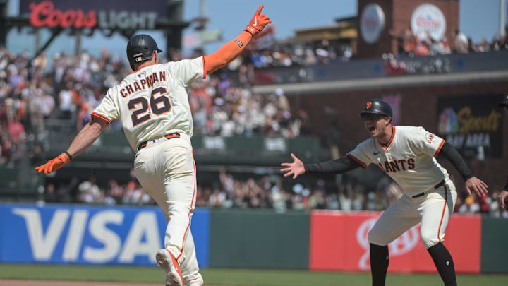 San Francisco, California, USA; San Francisco Giants third baseman Matt Chapman (26) celebrates after hitting a walk off home run against the Atlanta Braves during the ninth inning at Oracle Park.