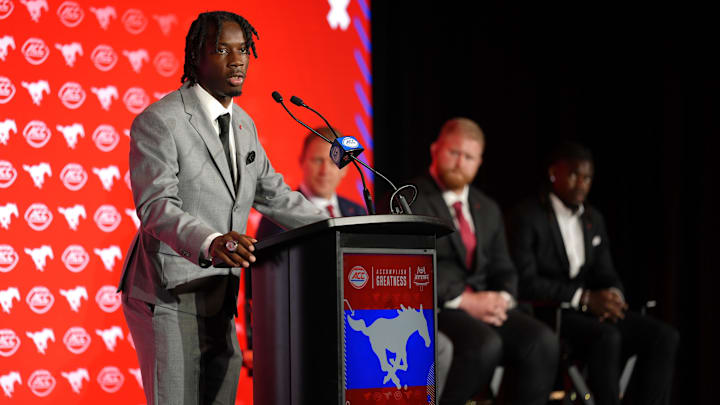 Jul 22, 2025; Charlotte, NC, USA; Southern Methodist quarterback Kevin Jennings answers questions from the media during ACC Media Days at Hilton Charlotte Uptown. Mandatory Credit: Jim Dedmon-Imagn Images