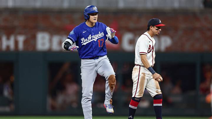 Aug 26, 2026; Cumberland, Georgia, USA;  Los Angeles Dodgers designated hitter Shohei Ohtani (17) reacts after hitting a leadoff double against the Atlanta Braves in the seventh inning at Truist Park.  Mandatory Credit: Colin Hubbard-Imagn Images