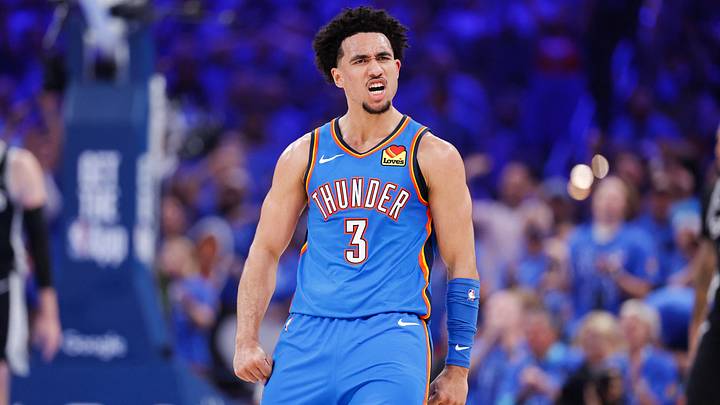 May 18, 2026; Oklahoma City, Oklahoma, USA; Oklahoma City Thunder guard Jared McCain (3) reacts in the second quarter against the San Antonio Spurs during game one of the western conference finals for the 2026 NBA playoffs at Paycom Center. Mandatory Credit: Alonzo Adams-Imagn Images