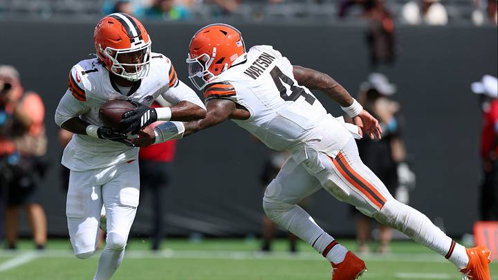 Sep 13, 2026; Jacksonville, Florida, USA; Cleveland Browns quarterback Deshaun Watson (4) hands the ball off to wide receiver KC Concepcion Jr. (1) in the fourth quarter against the Jacksonville Jaguars at EverBank Stadium. Mandatory Credit: Nathan Ray Seebeck-Imagn Images Sep 13, 2026; Jacksonville, Florida, USA; Cleveland Browns quarterback Deshaun Watson (4) hands the ball off to wide receiver KC Concepcion Jr. (1) in the fourth quarter against the Jacksonville Jaguars at EverBank Stadium. Mandatory Credit: Nathan Ray Seebeck-Imagn Images