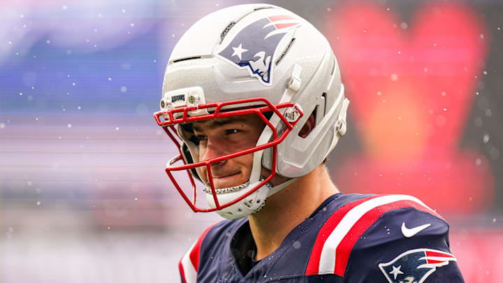 Dec 14, 2025; Foxborough, Massachusetts, USA; New England Patriots quarterback Drake Maye (10) warms up before the start of the game against the Buffalo Bills at Gillette Stadium. Mandatory Credit: David Butler II-Imagn Images