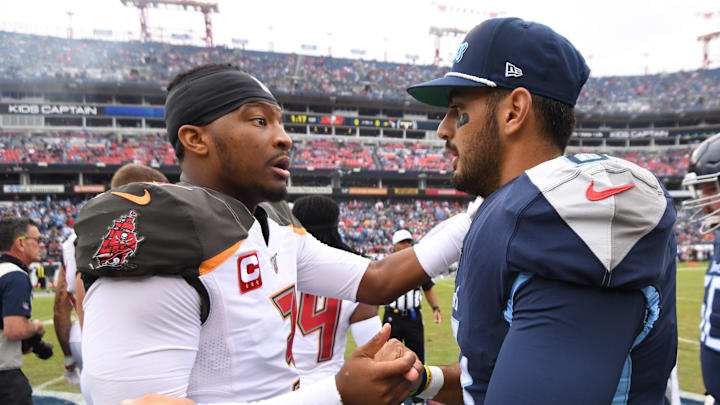 Tampa Bay Buccaneers quarterback Jameis Winston (3) and Tennessee Titans quarterback Marcus Mariota (8) greet each other before the game at Nissan Stadium Sunday, Oct. 27, 2019 in Nashville, Tenn.
Dsc 3752 Tampa Bay Buccaneers quarterback Jameis Winston (3) and Tennessee Titans quarterback Marcus Mariota (8) greet each other before the game at Nissan Stadium Sunday, Oct. 27, 2019 in Nashville, Tenn.
Dsc 3752