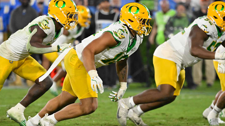 Oregon Ducks defensive end Matayo Uiagalelei during the fourth quarter against the UCLA Bruins at Rose Bowl. Oregon Ducks defensive end Matayo Uiagalelei during the fourth quarter against the UCLA Bruins at Rose Bowl.